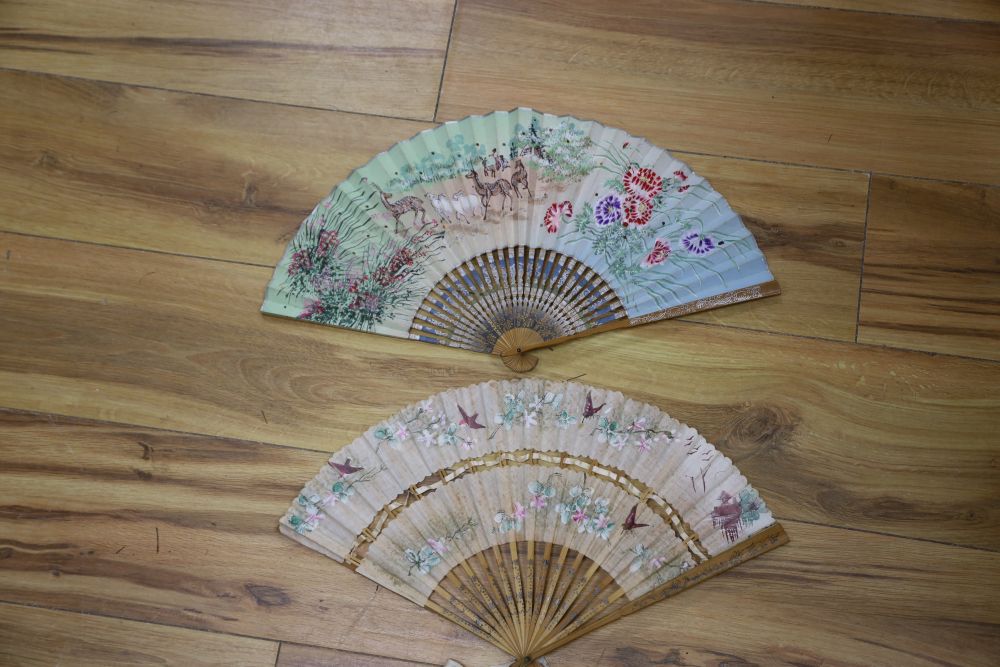 A tortoiseshell and feather fan, a sequin fan, an Oddeninos advertising fan, two others, a 1915 commemorative handkerchief and miscell